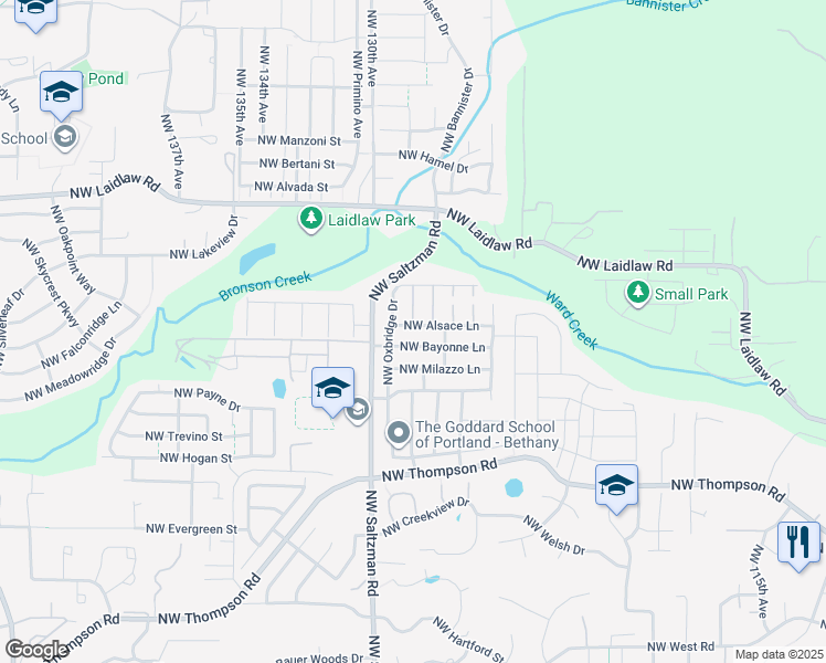 map of restaurants, bars, coffee shops, grocery stores, and more near 12834 Northwest Alsace Lane in Portland