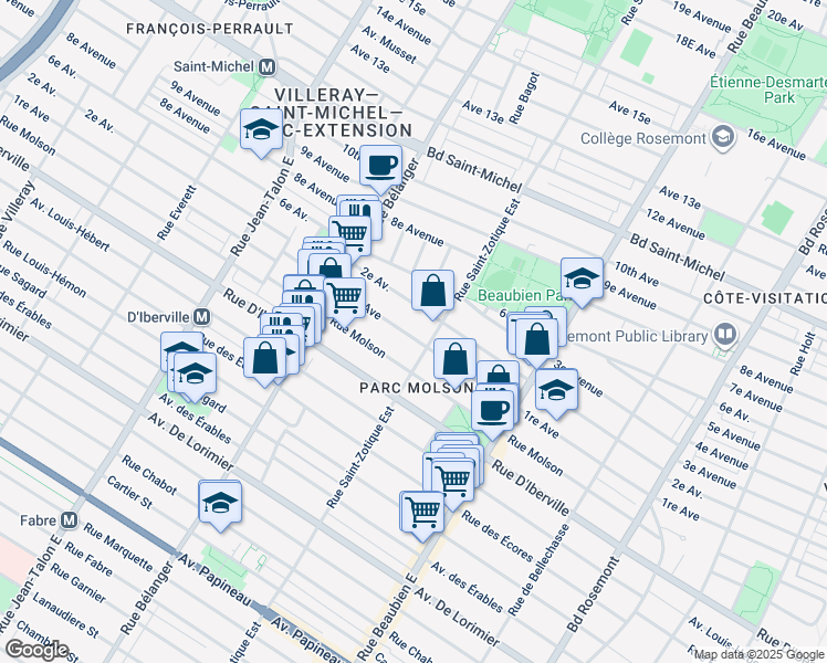 map of restaurants, bars, coffee shops, grocery stores, and more near 6739 Avenue 1re in Montréal