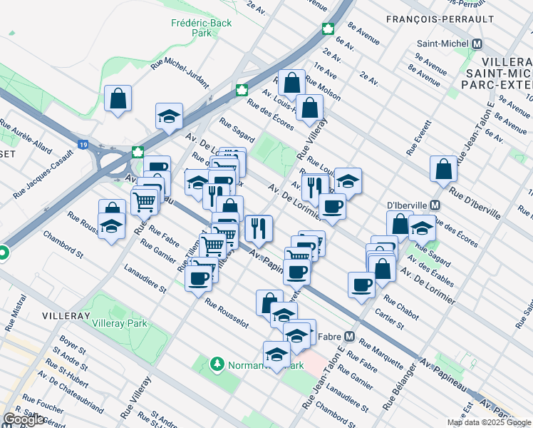 map of restaurants, bars, coffee shops, grocery stores, and more near 1970 Rue Villeray in Montréal