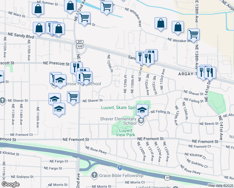 map of restaurants, bars, coffee shops, grocery stores, and more near 12721 Northeast Shaver Street in Portland