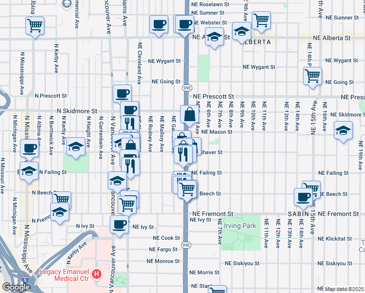 map of restaurants, bars, coffee shops, grocery stores, and more near 304 Northeast Shaver Street in Portland