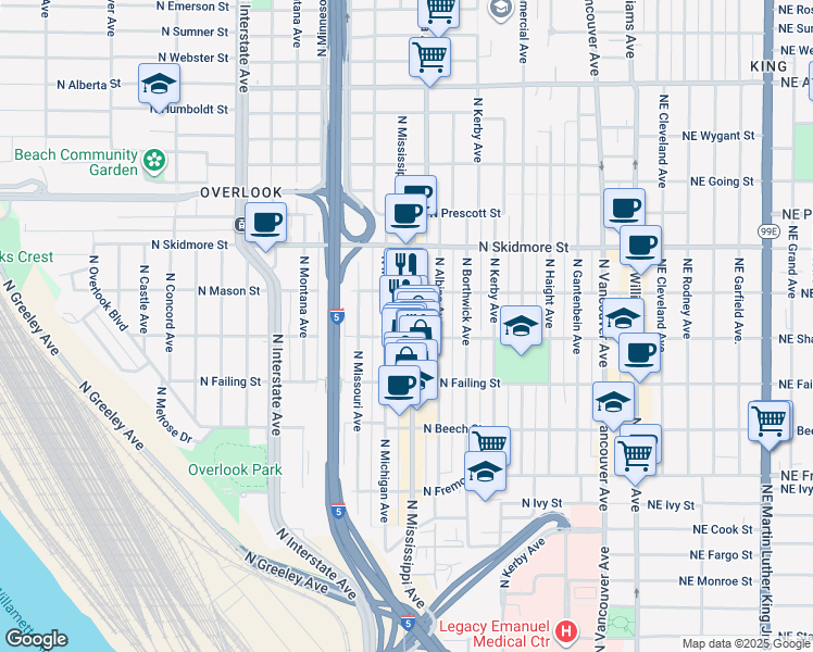 map of restaurants, bars, coffee shops, grocery stores, and more near 4000 North Mississippi Avenue in Portland