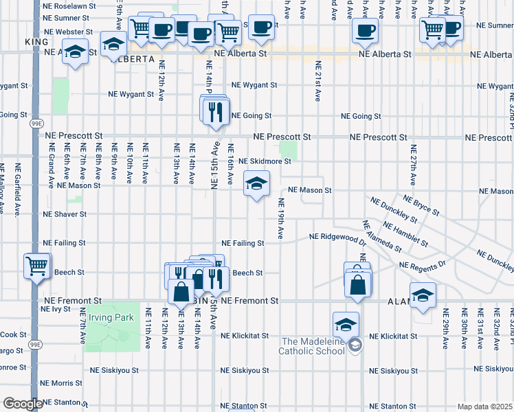 map of restaurants, bars, coffee shops, grocery stores, and more near 4013 Northeast 18th Avenue in Portland