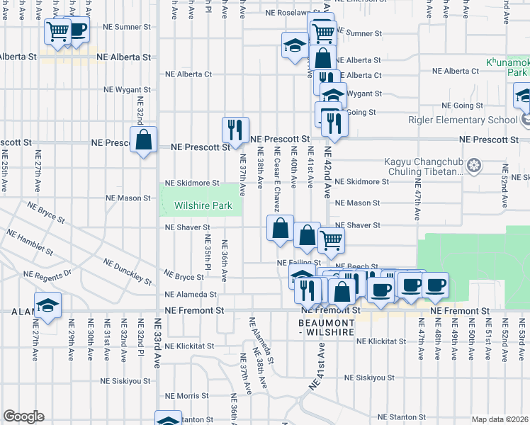 map of restaurants, bars, coffee shops, grocery stores, and more near 4038 Northeast 38th Avenue in Portland