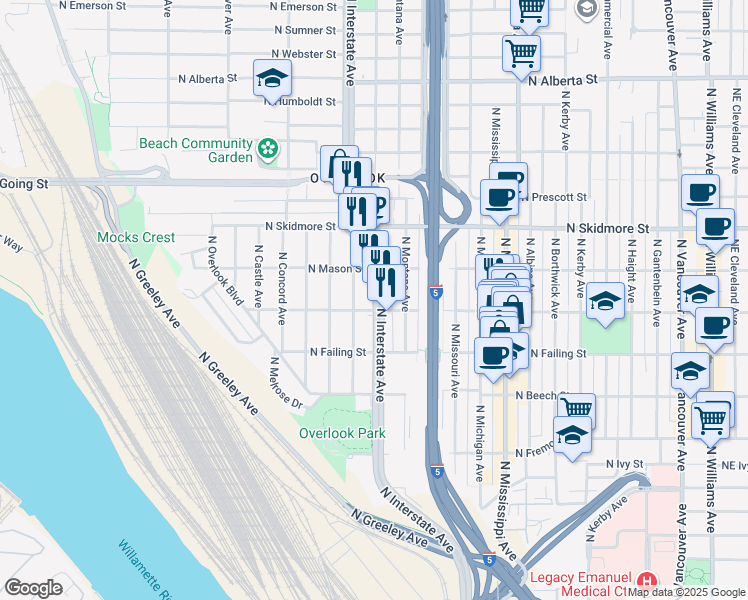 map of restaurants, bars, coffee shops, grocery stores, and more near 3990 North Interstate Avenue in Portland
