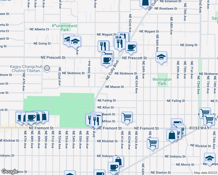 map of restaurants, bars, coffee shops, grocery stores, and more near 5882 Northeast Mason Street in Portland