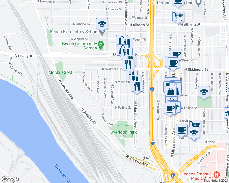 map of restaurants, bars, coffee shops, grocery stores, and more near 4018 North Colonial Avenue in Portland