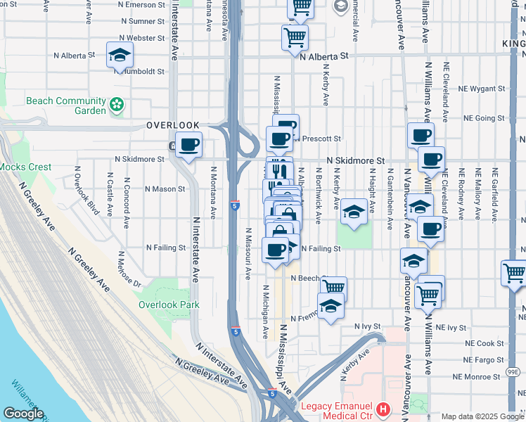 map of restaurants, bars, coffee shops, grocery stores, and more near 4013 North Michigan Avenue in Portland