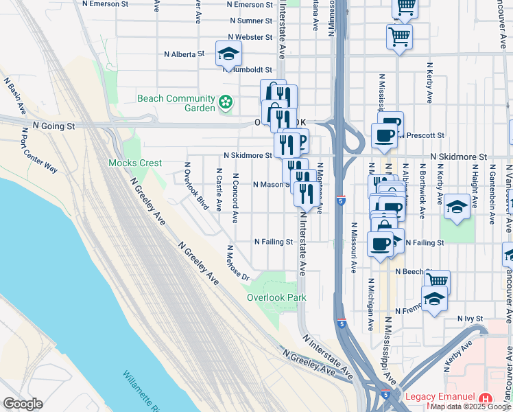map of restaurants, bars, coffee shops, grocery stores, and more near 4018 North Colonial Avenue in Portland