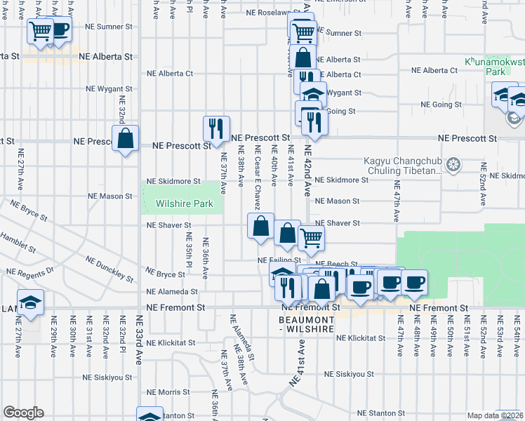map of restaurants, bars, coffee shops, grocery stores, and more near 4040 Northeast Cesar E Chavez Boulevard in Portland