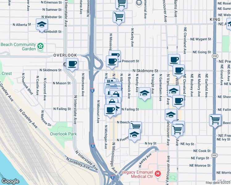 map of restaurants, bars, coffee shops, grocery stores, and more near 3932 North Mississippi Avenue in Portland