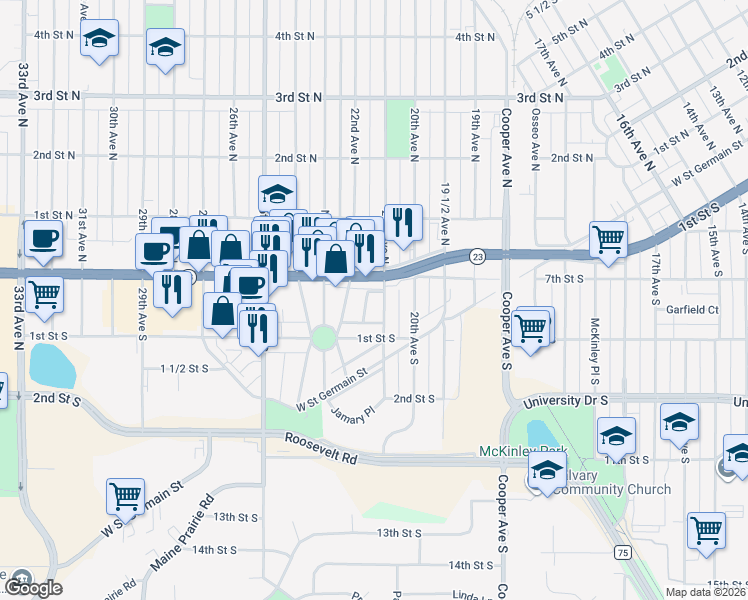 map of restaurants, bars, coffee shops, grocery stores, and more near 35 21st Avenue South in St. Cloud