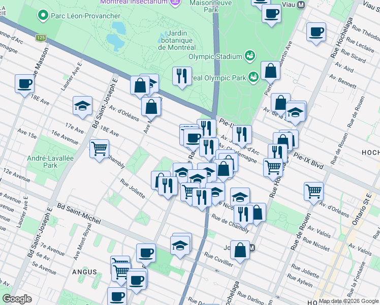 map of restaurants, bars, coffee shops, grocery stores, and more near 3873 Rue Rachel Est in Montréal