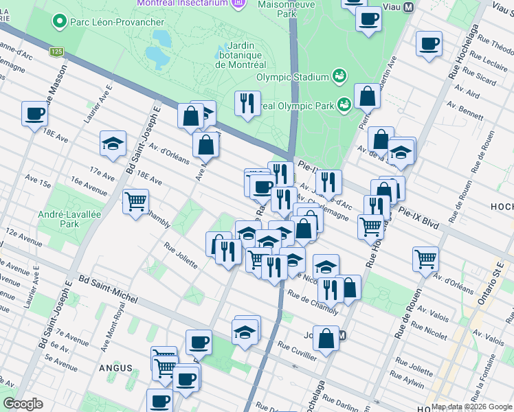 map of restaurants, bars, coffee shops, grocery stores, and more near 3873 Rue Rachel Est in Montréal