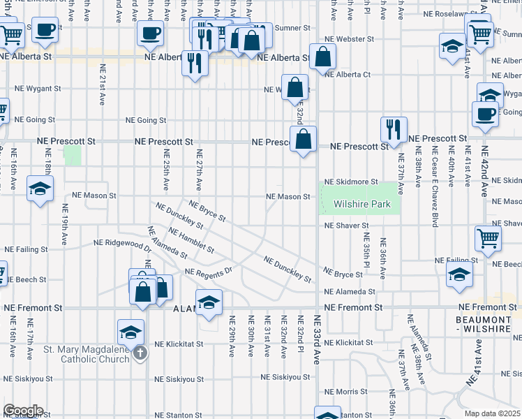 map of restaurants, bars, coffee shops, grocery stores, and more near 3175 Northeast Regents Drive in Portland