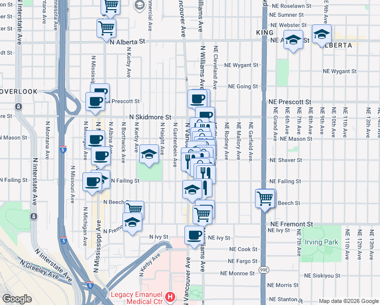 map of restaurants, bars, coffee shops, grocery stores, and more near 214 North Shaver Street in Portland