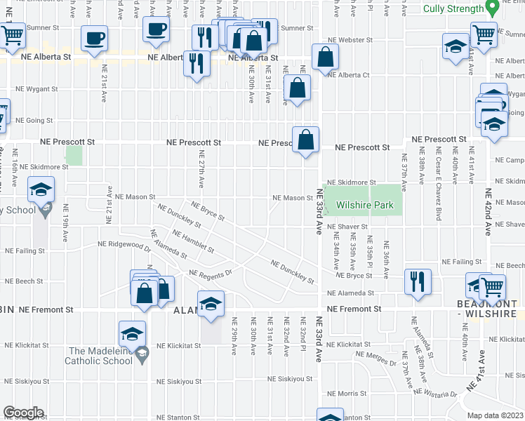 map of restaurants, bars, coffee shops, grocery stores, and more near 3175 Northeast Regents Drive in Portland