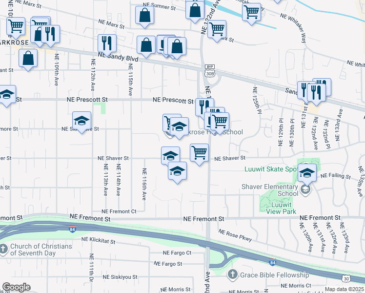 map of restaurants, bars, coffee shops, grocery stores, and more near 12003 Northeast Shaver Street in Portland