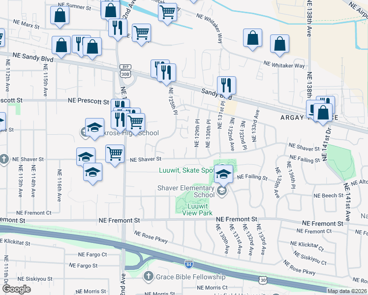 map of restaurants, bars, coffee shops, grocery stores, and more near 12721 Northeast Shaver Street in Portland