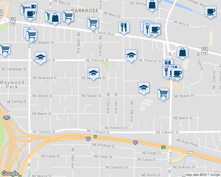 map of restaurants, bars, coffee shops, grocery stores, and more near 4007 Northeast 114th Avenue in Portland