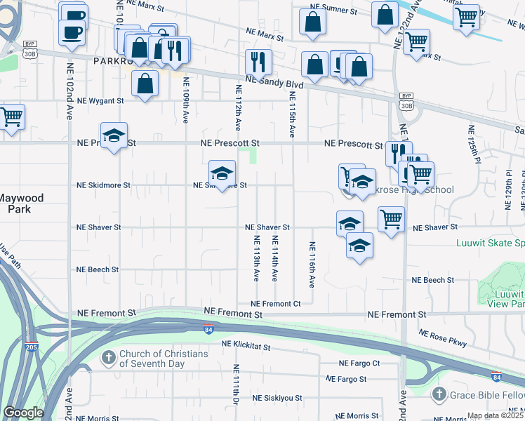 map of restaurants, bars, coffee shops, grocery stores, and more near 4007 Northeast 114th Avenue in Portland