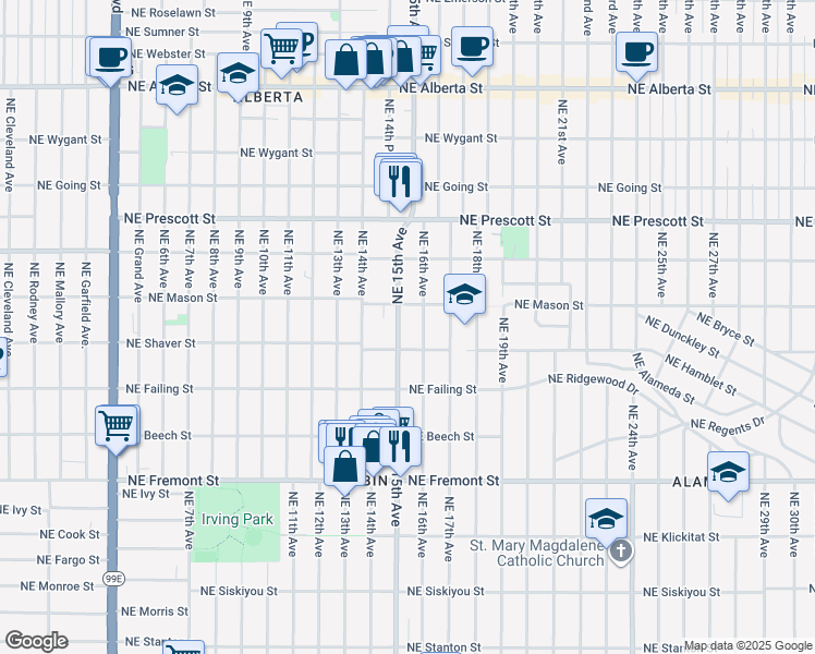 map of restaurants, bars, coffee shops, grocery stores, and more near 4005 Northeast 15th Avenue in Portland