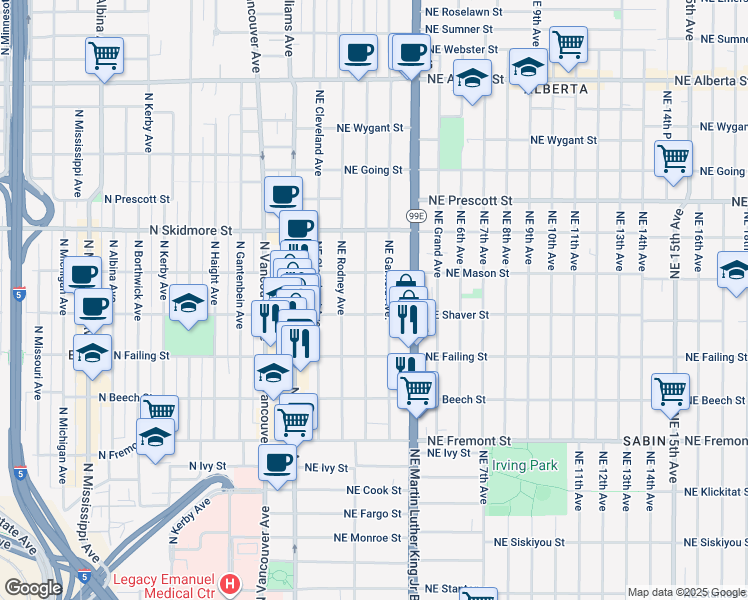 map of restaurants, bars, coffee shops, grocery stores, and more near 3975 Northeast Mallory Avenue in Portland