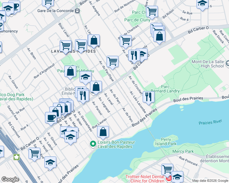map of restaurants, bars, coffee shops, grocery stores, and more near 111 Avenue du Parc in Laval