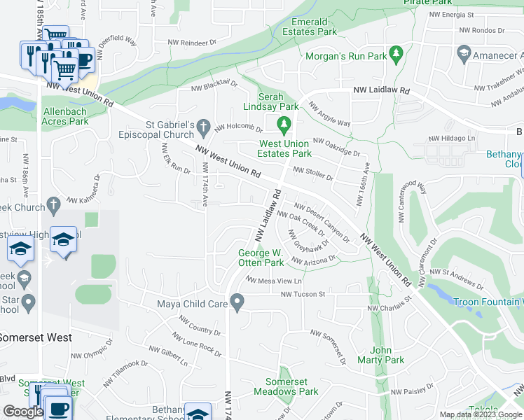 map of restaurants, bars, coffee shops, grocery stores, and more near 17028 Northwest Oak Creek Drive in Beaverton