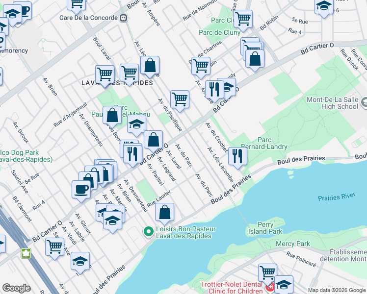 map of restaurants, bars, coffee shops, grocery stores, and more near 111 Avenue du Parc in Laval