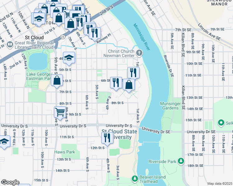 map of restaurants, bars, coffee shops, grocery stores, and more near 720 4th Avenue South in St. Cloud
