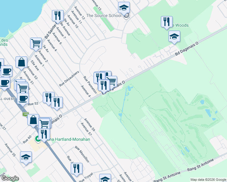 map of restaurants, bars, coffee shops, grocery stores, and more near 4740 Boulevard Dagenais Ouest in Laval