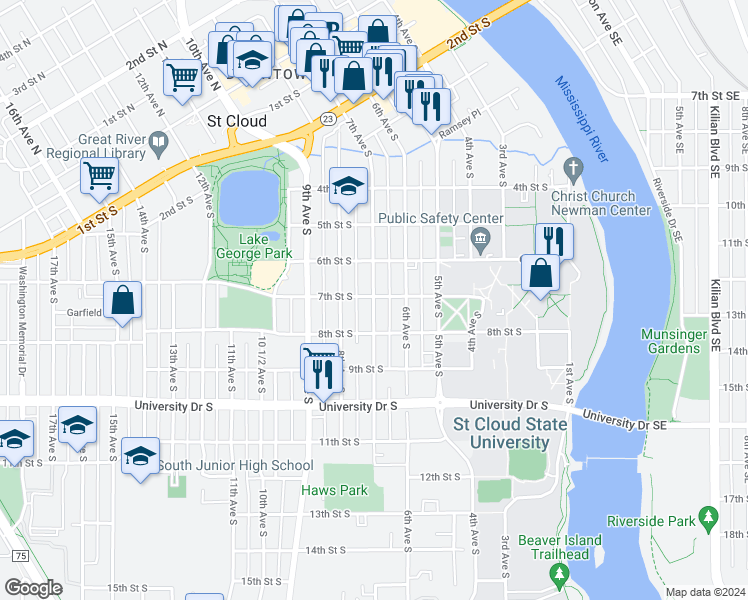 map of restaurants, bars, coffee shops, grocery stores, and more near 708 7th Avenue South in Saint Cloud