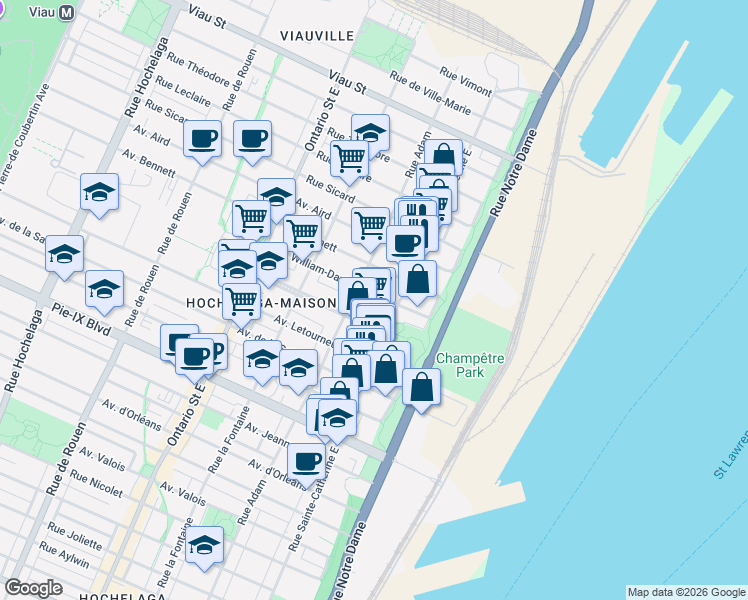 map of restaurants, bars, coffee shops, grocery stores, and more near 1442 Avenue William-David in Montréal