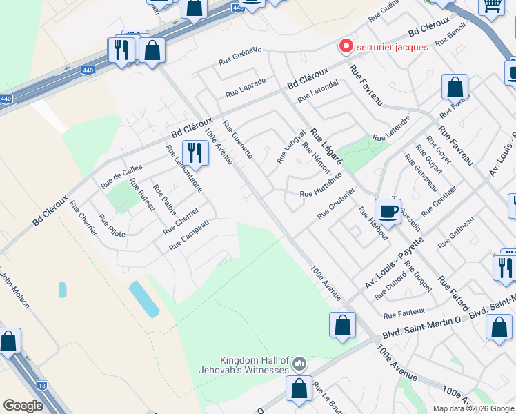 map of restaurants, bars, coffee shops, grocery stores, and more near 2330 100e Avenue in Laval