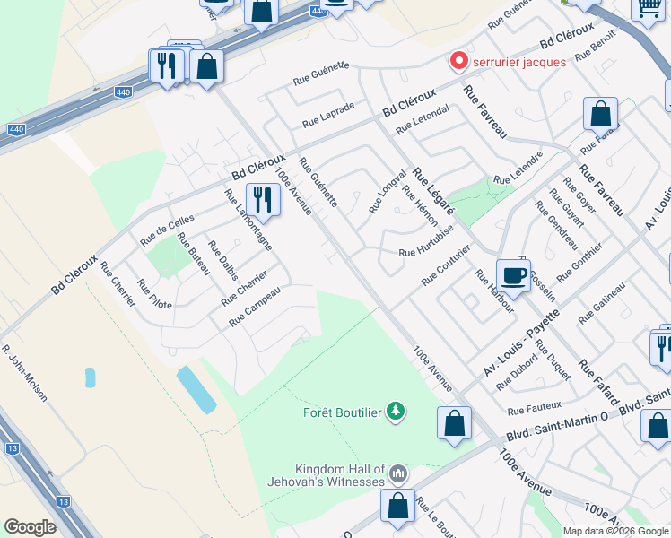 map of restaurants, bars, coffee shops, grocery stores, and more near 100e Avenue in Laval