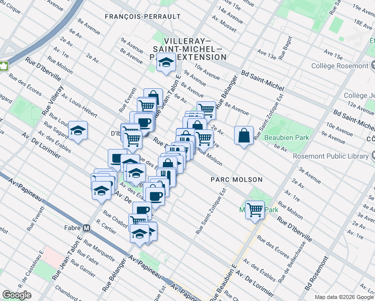 map of restaurants, bars, coffee shops, grocery stores, and more near 2525 Rue Bélanger in Montréal
