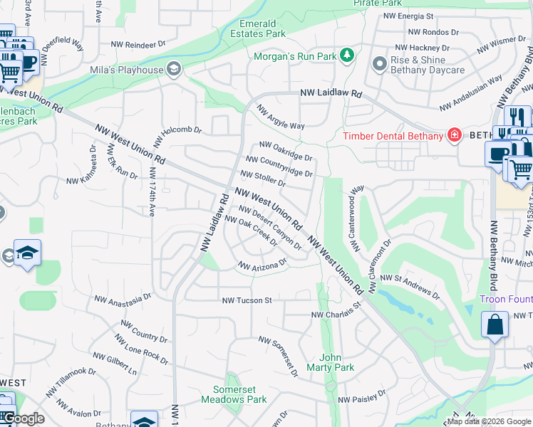 map of restaurants, bars, coffee shops, grocery stores, and more near 16754 Northwest Desert Canyon Drive in Beaverton