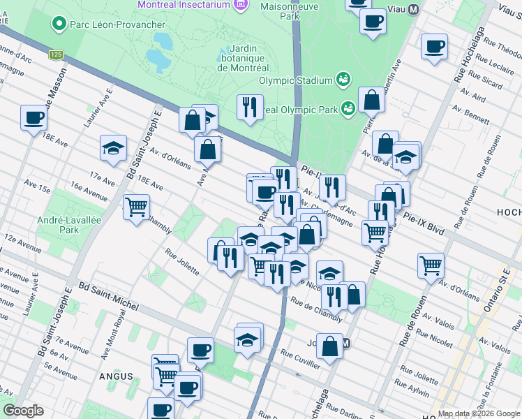map of restaurants, bars, coffee shops, grocery stores, and more near 3881 Rue Rachel Est in Montréal