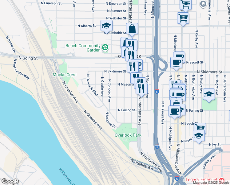 map of restaurants, bars, coffee shops, grocery stores, and more near 4027 North Colonial Avenue in Portland