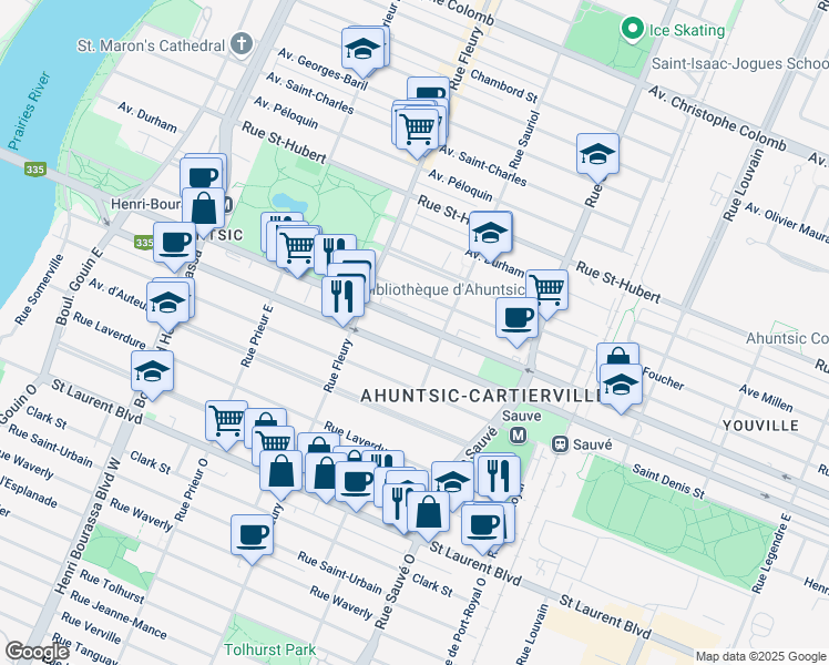 map of restaurants, bars, coffee shops, grocery stores, and more near 10138 Rue Lajeunesse in Montréal
