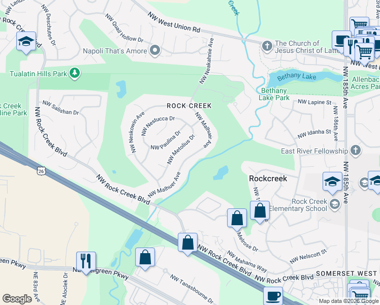 map of restaurants, bars, coffee shops, grocery stores, and more near 4600 Northwest Malheur Avenue in Portland