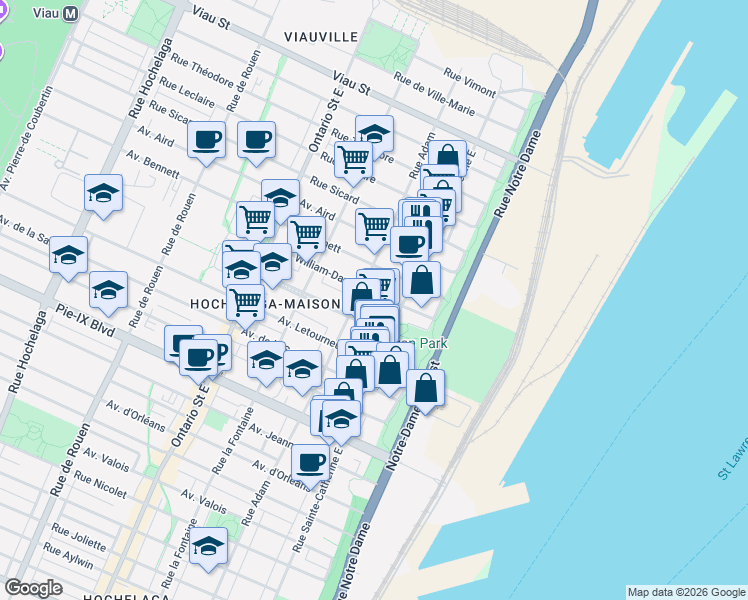 map of restaurants, bars, coffee shops, grocery stores, and more near 1456 Avenue William-David in Montréal