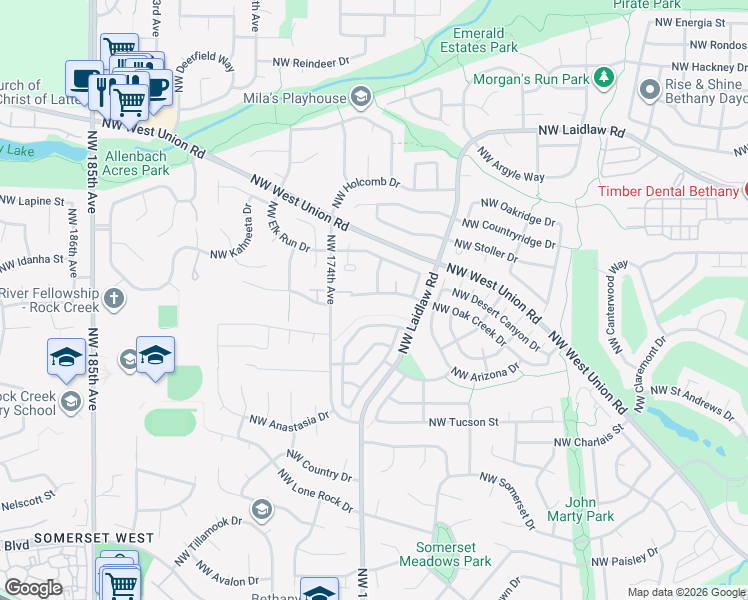 map of restaurants, bars, coffee shops, grocery stores, and more near 17186 Northwest Oak Creek Drive in Beaverton