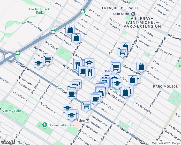 map of restaurants, bars, coffee shops, grocery stores, and more near 7400 Rue Sagard in Montréal