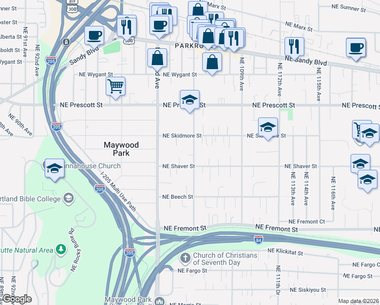 map of restaurants, bars, coffee shops, grocery stores, and more near 4107 Northeast 105th Avenue in Portland