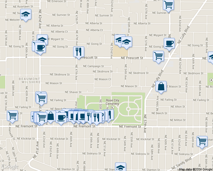 map of restaurants, bars, coffee shops, grocery stores, and more near 5124 Northeast Mason Street in Portland