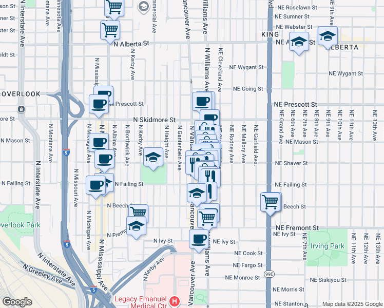 map of restaurants, bars, coffee shops, grocery stores, and more near 214 North Shaver Street in Portland