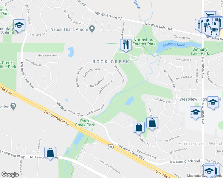 map of restaurants, bars, coffee shops, grocery stores, and more near 4600 Northwest Malheur Avenue in Portland