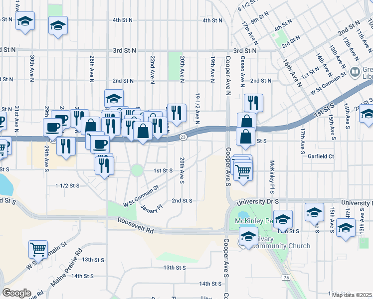 map of restaurants, bars, coffee shops, grocery stores, and more near 1929 West Saint Germain Street in St. Cloud